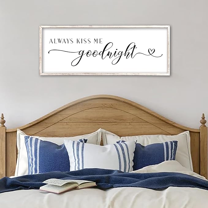 Always Kiss Me Goodnight Sign Wall Decor 40"X15" Master Bedroom Above Bed Large Wooden Framed for Couples Over Bed Wall Hanging Art (White)