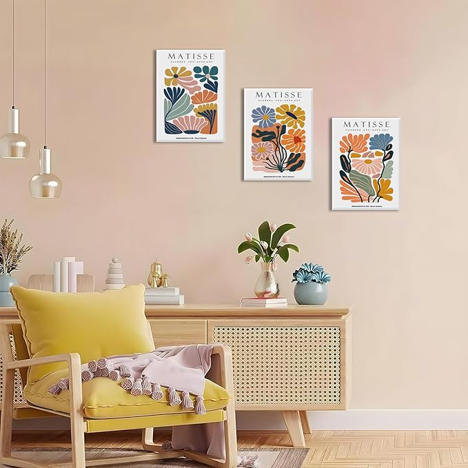 BingruiArt Matisse Wall Art Canvas Colorful Boho Flower Poster Abstract Pictures Set of 3 Minimalist Plant Leaves Painting Prints Decor Aesthetic for Living Room Bedroom Dorm 12"x16" Framed