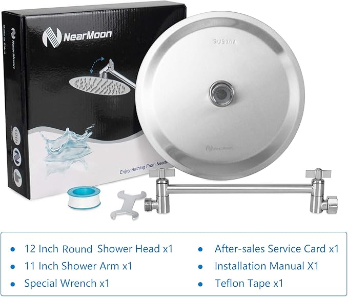 NearMoon Rain Shower Head with 11'' Adjustable Arm, High Pressure Stainless Steel Rainfall Shower, Ultra-Thin Design- Pressure Boosting (12 Inch, Nickel)
