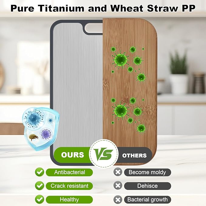 Titanium Cutting Board for Kitchen,2-in-1 Double Sided Food-Grade Pure Titanium&Wheat Straw PP,Non-Toxic，Non-Slip，Ideal for Meat,Fruit，Vegetables & Family Cooking ，Easy to Clean Large Size 15.2”×10.5”