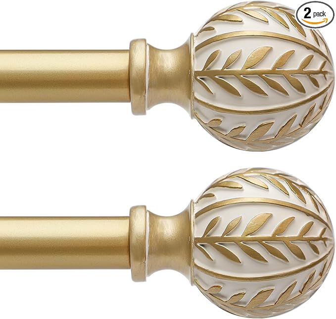 2 Pack Gold Curtain Rods for Windows 28 to 48 inch,1" Adjustable Heavy Duty Window Curtain Rod with Leaf Finials,Rustic Decorative Drapery Rods Set,Size:18-60''
