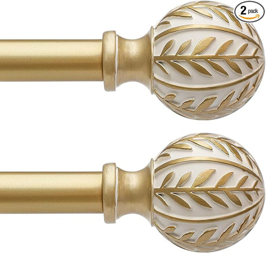 2 Pack Gold Curtain Rods for Windows 28 to 48 inch,1" Adjustable Heavy Duty Window Curtain Rod with Leaf Finials,Rustic Decorative Drapery Rods Set,Size:18-60''