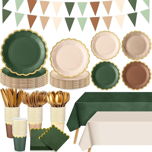 Mimorou 342 Pcs Woodland Baby Shower Party Supplies Sage Green Brown Tableware Paper Disposable Plates Napkins Cups Plastic Tablecloth Sage Brown Triangle Banner for Wedding Forest Birthday Party