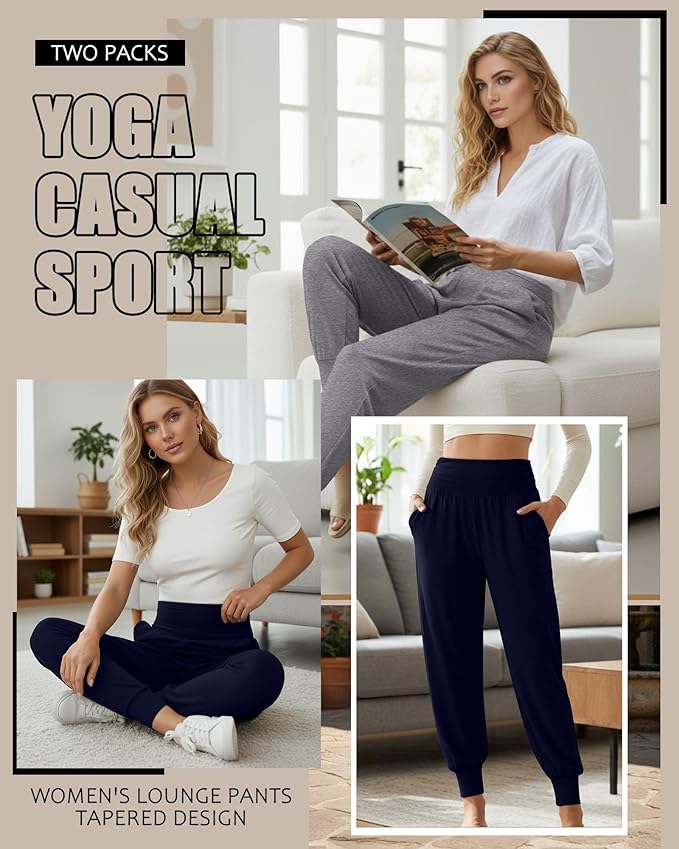 2 Pack Women's Yoga Joggers, Cozy Sweatpants with Pockets Casual Loose Comfy High Waisted Lounge Pants