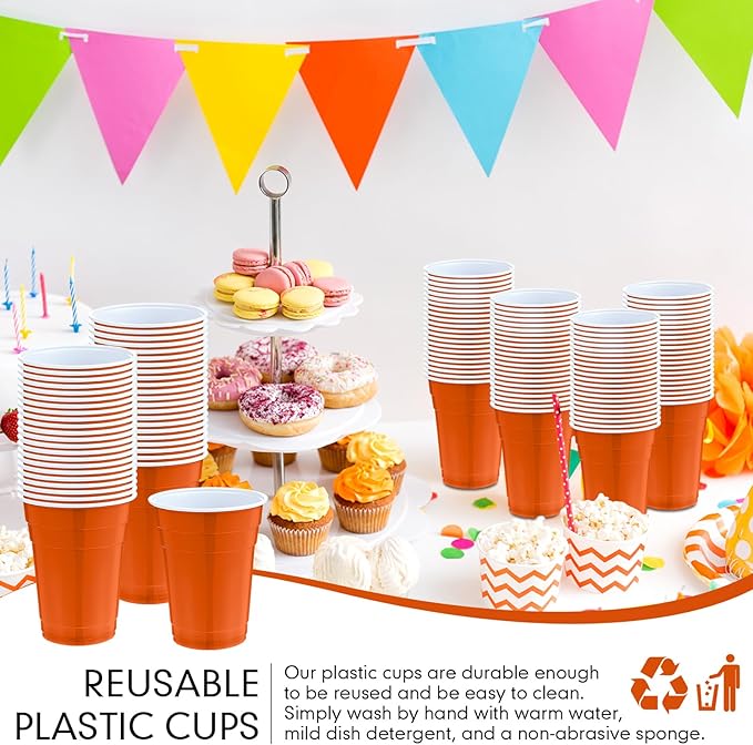Mimorou Orange 200 Pack 16 oz Disposable Plastic Cups Bulk, Party Plastic Cups for Parties Stackable Beverage Drinking Tumbler Heavy Duty for Events Picnics and BBQ Wedding Birthday Baby Shower