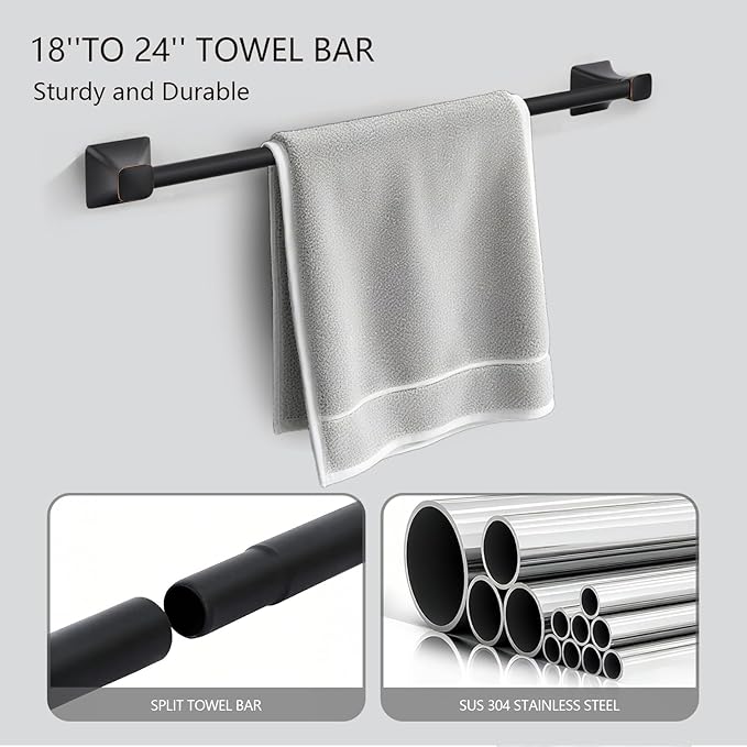 5 Piece Bathroom Hardware Accessories Set, SUS304 Stainless Steel Bath Towel Bar Set, 24 Inch Towel Racks for Bathroom Wall Mounted, Bath Towel Holder Set, Matte Black