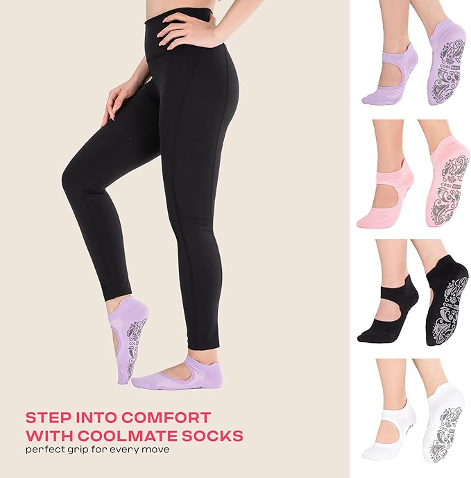 CoolMate Pilates Socks with Grips for Women, Yoga Socks, Crew Non Slip Women for Barre, Pilates Gifts