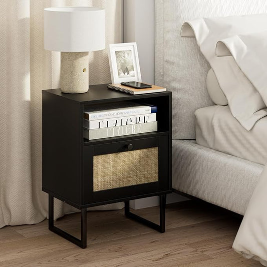 Masupu Rattan Nightstand,Modern Boho Farmhouse Wood Bedside Table with Storage Drawer and Open Shelf,Small Black Frame Side End Table for Bedroom,Living Room,Office (Black)