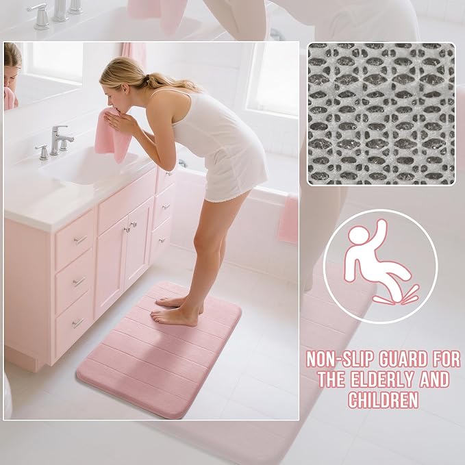 Yimobra Long Bath Mat 44"x24", Super Soft Quick Dry Memory Foam Bathroom Rug, Water Absorbent, Non Slip Backing Machine Washable for Tub Shower, Thick Comfort Support, Pink