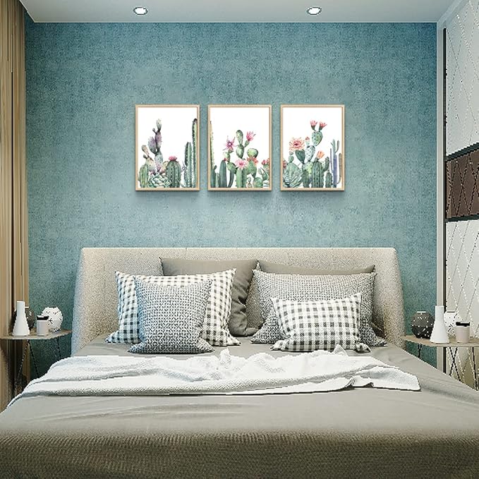 Natural Wood Framed Wall Art For Living Room & Bedroom Decor - Green Succulent Cactus Paintings - 3 Piece Framed Art Prints