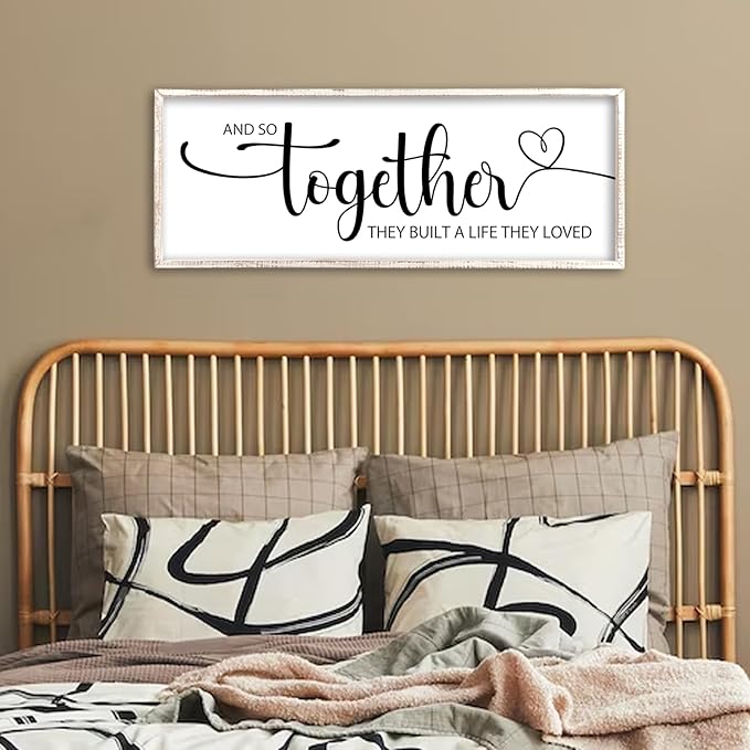 And So Together They Built A Life They Loved Sign Wall Decor 40"X15" Bedroom Above Over Bed Large Wood Framed Love Quotes for Couple Wall Hanging Art (White)