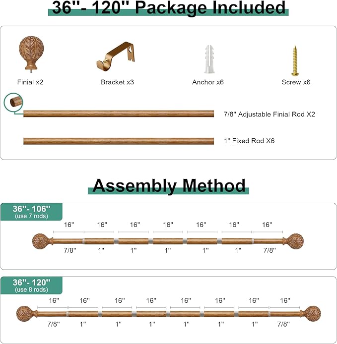 Boho Wood Curtain Rods for Windows 66 to 120 inch,1" Adjustable Heavy Duty Window Curtain Rod with Imitation Wood Grain Finials,Rustic Decorative Drapery Rods Set,Size:36-120'',Natural Wood