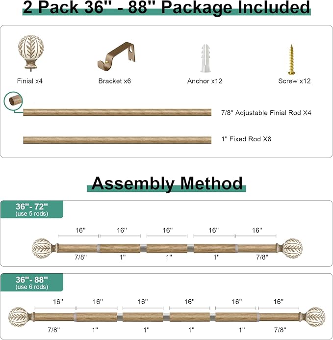 2 Pack Boho Wood Curtain Rods for Windows 48 to 84 inch,1" Adjustable Heavy Duty Window Curtain Rod with Imitation Wood Grain Finials,Rustic Decorative Drapery Rods Set 36-88'',Weathered Wood
