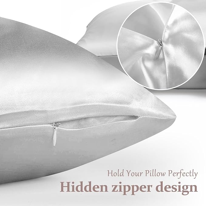 2 Pack 100% Pure Silk Pillowcase for Hair and Skin, Both Sides Mulberry Silk Pillowcases with Hidden Zipper, Cooling Pillowcase 19 Momme, 600 Thread Silk Pillow Cases King Size, Gray