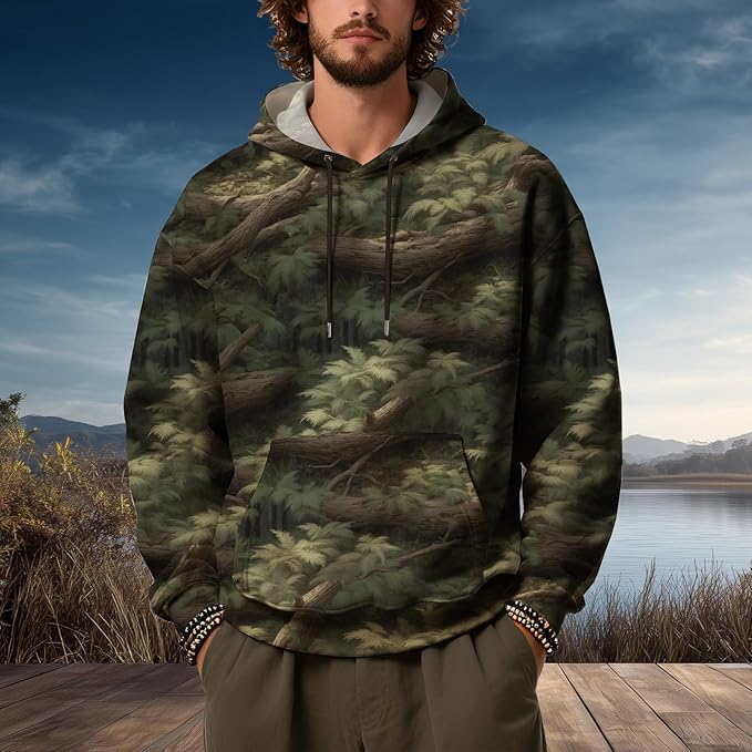 Mens Camo Hoodies Maple Leaf Graphic Camouflage Pullover Sweatshirts Hooded Fleece Casual Hunting Fall Outfits