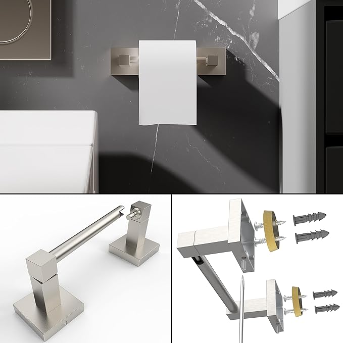 Ruacq Brushed Nickel Toilet Paper Holder Towel Ring Bathroom Accessories Hardware Set Double Post Pivoting Toilet Roll Holder Square Stainless Steel and Zinc Alloy Modern Wall Mounted 2 Pieces