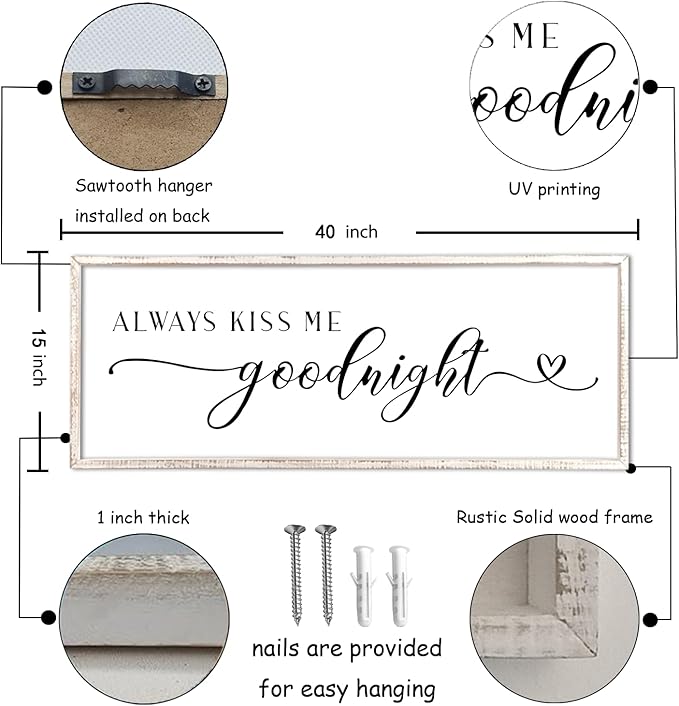 Always Kiss Me Goodnight Sign Wall Decor 40"X15" Master Bedroom Above Bed Large Wooden Framed for Couples Over Bed Wall Hanging Art (White)