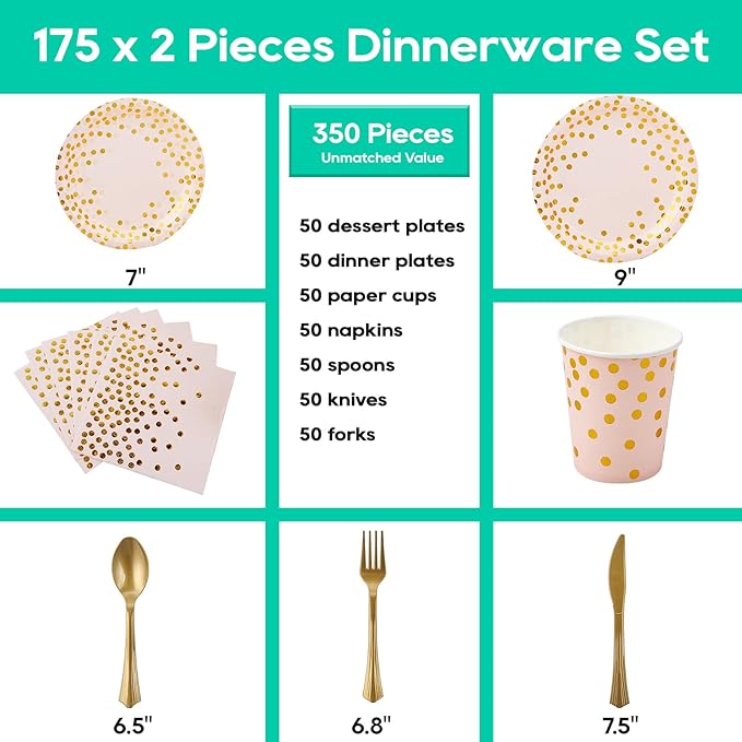 Pink and Gold Party Supplies - 350 PCS Disposable Dinnerware Set - Pink Paper Plates Napkins Cups, Gold Plastic Forks Knives Spoon for Graduation, Birthday, Thanksgiving, Cocktail Party