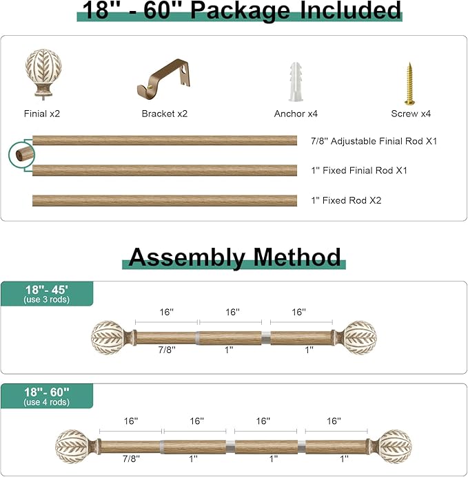 Boho Wood Curtain Rods for Windows 28 to 48 inch,1" Adjustable Heavy Duty Window Curtain Rod with Imitation Wood Grain Finials,Rustic Decorative Drapery Rods Set,Size:18-60'',Weathered Wood