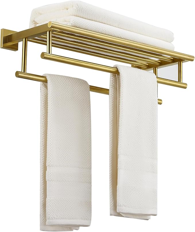 Towel Rack for Bathroom 20 Inch Wall Mounted Towel Rack Brushed Gold Towel Shelf with Double Towel Bar SUS304 Stainless Steel Towel Holder for Bathroom Wall Hotel Towel Rail