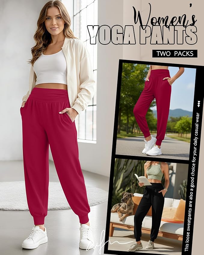 2 Pack Women's Yoga Joggers, Cozy Sweatpants with Pockets Casual Loose Comfy High Waisted Lounge Pants