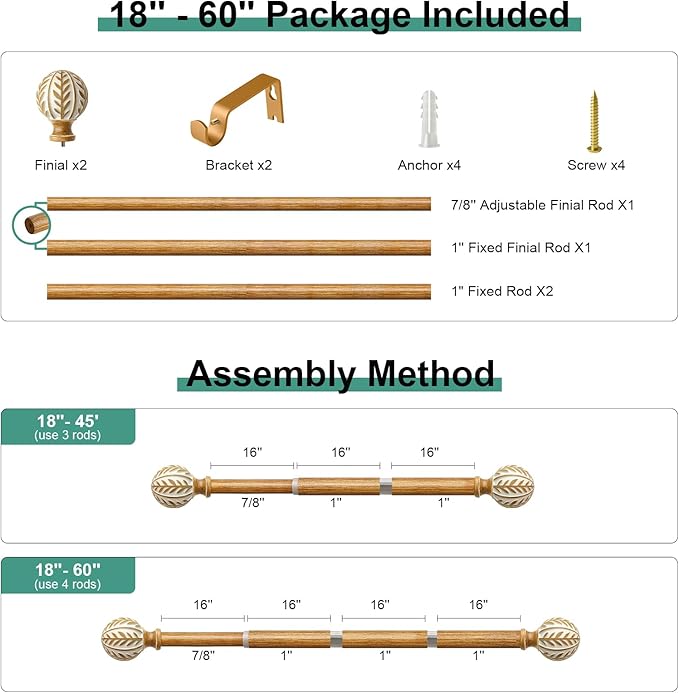 Boho Wood Curtain Rods for Windows 28 to 48 inch,1" Adjustable Heavy Duty Window Curtain Rod with Imitation Wood Grain Finials,Rustic Decorative Drapery Rods Set,Size:18-60'',Maple Wood