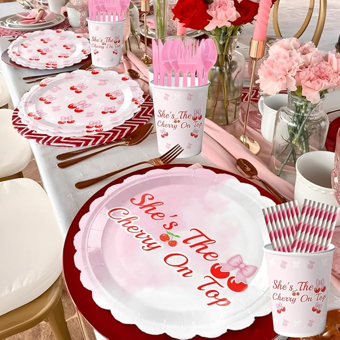 Birthday Party Decorations, Pink Cherry Theme Party Kit for Sweet Ladies and Girls, Total 214 PCS for 24 People, Including Banners,Cherry Plates,Cups and Other PINK Birthday Party Decorations
