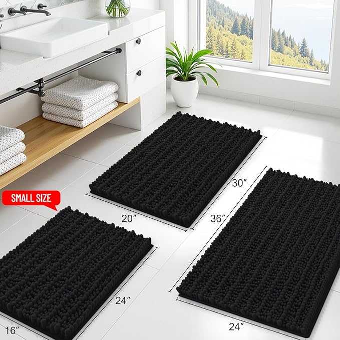 Smiry Bathroom Rugs Mat 59x24, Extra Soft Absorbent Chenille Bath Rugs, Non Slip Rubber Backing Machine Washable Quick Dry Bath Mats for Bathroom Floor, Tub, Shower, Home Decor Accessories, Black
