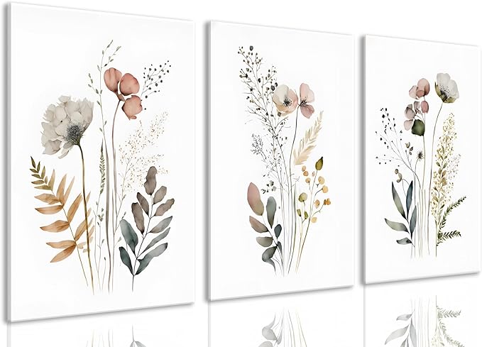 3Pcs Framed 12x16in Boho Flower Wall Art Wildflower Watercolor Canvas Minimalist Colorful Botanical Floral Painting Picture Wall Decor Posters Modern Print Artwork for Living Room Bedroom