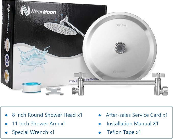 NearMoon Rain Shower Head with 11'' Adjustable Arm, High Pressure Stainless Steel Rainfall Shower, Ultra-Thin Design - Pressure Boosting (8 Inch, Nickel)