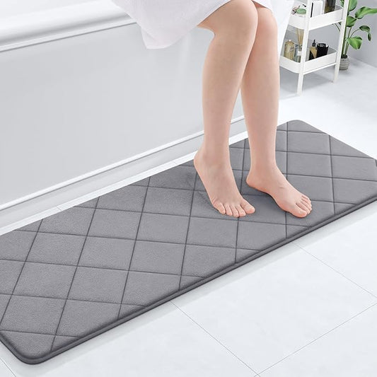 OLANLY Memory Foam Bath Mat 47x17, Ultra Soft and Absorbent Bathroom Rugs, Machine Washable, Comfortable Bath Carpet for Bathroom Floor, Tub and Shower, Medium Grey