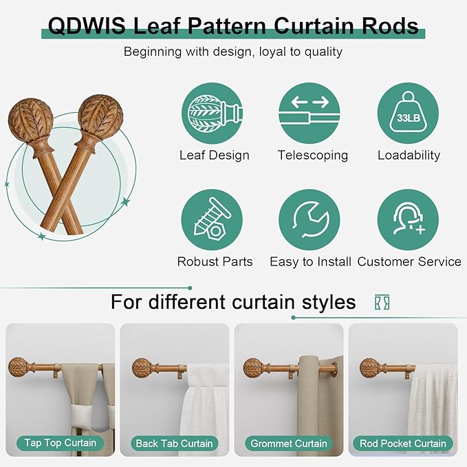Boho Wood Curtain Rods for Windows 48 to 84 inch,1" Adjustable Heavy Duty Window Curtain Rod with Imitation Wood Grain Finials,Rustic Decorative Drapery Rods Set,Size:36-88'',Natural Wood