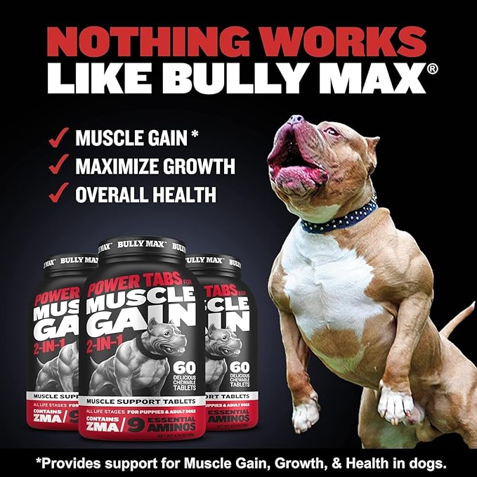 Bully Max 2-in-1 Muscle Builder Chewable Tablets for Dogs - Puppy & Dog Vitamins, Supplements for Muscle Gain & Growth - Canine Multivitamins Essentials for All Breeds & Ages - 60 Tabs, 2 Bottles