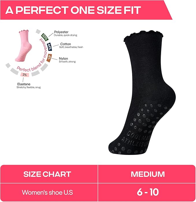 CoolMate Pilates Socks with Grips for Women, Yoga Socks, Crew Non Slip Women for Barre, Pilates Gifts