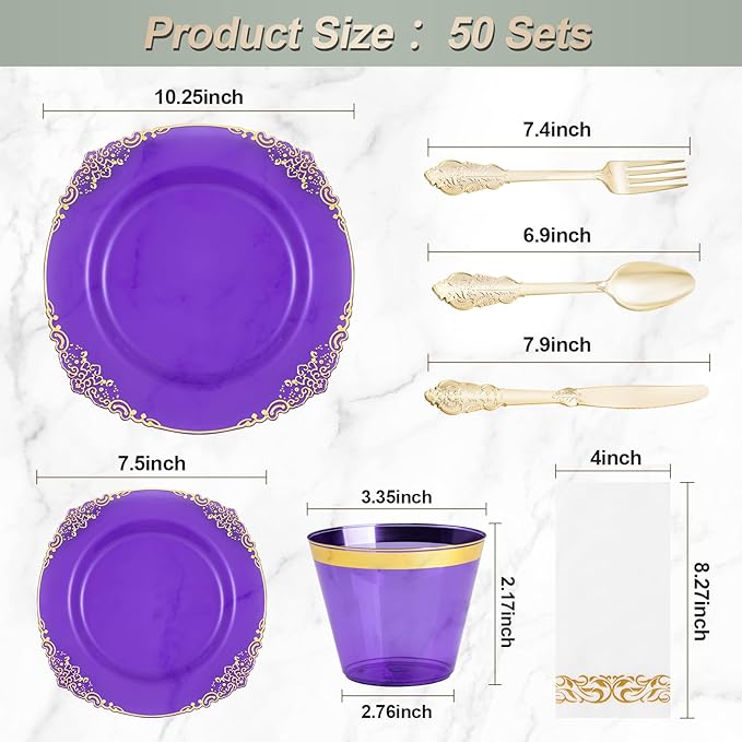 350PCS Clear Purple Plastic Plates for 50 Guests, Disposable Plates with Gold Trim include 50 Dinner Plates, 50 Dessert Plates, 150 Gold Silverware, 50 Cups, 50 Napkins for Party, Wedding