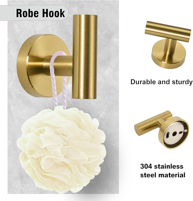 5-Piece Towel Racks for Bathroom, Stainless Steel Bathroom Accessories Set, Bathroom Towel Holder Wall Mounted, Sturdy Bath Towel Bar Set Bathroom Hardware Set (Brushed Gold)