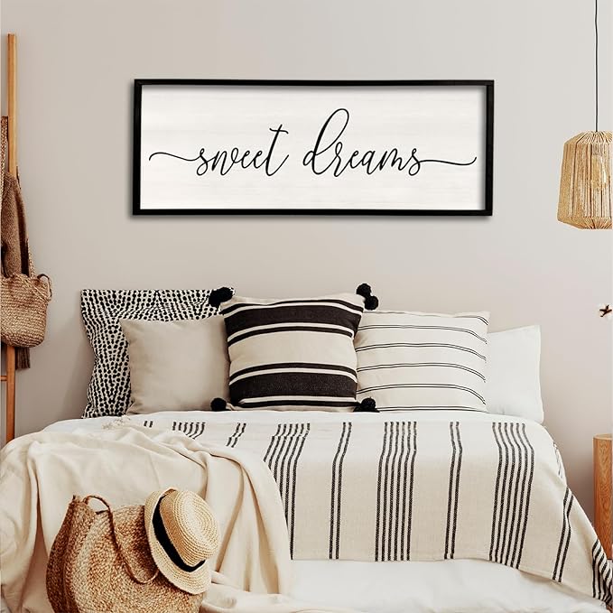 Sweet Dreams Wall Decor Above Bed 40''×15'' Master Bedroom Large Sweet Dreams Sign Farmhouse Wall Decor Guest Room Wood Rustic Framed Over Bed Wall Art Hanging Decoration (Black)