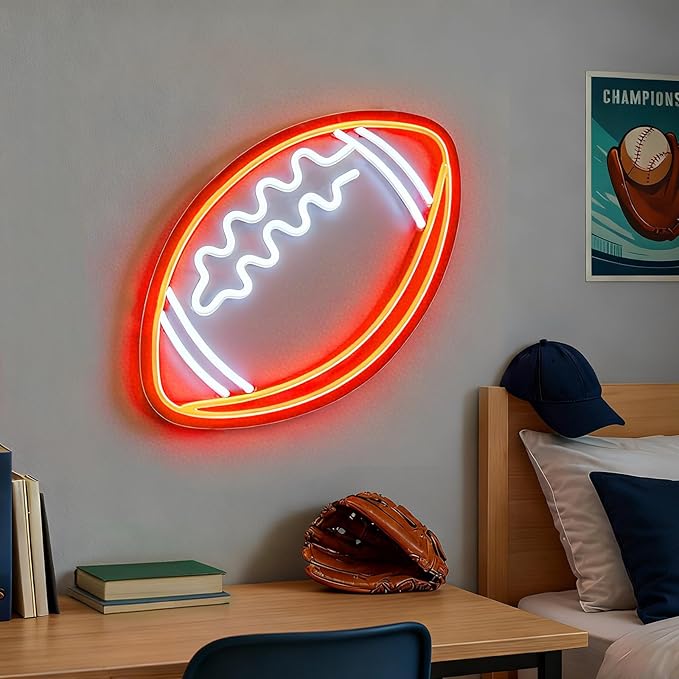Football Neon Sign, Football-Shaped LED Neon Light for Wall Decor, USB Powered Light Up Sign for Man Cave, Boys & Teens Bedroom, Game Room Decor, Cool Football Gift for Fans, 17.7×11.8 inches