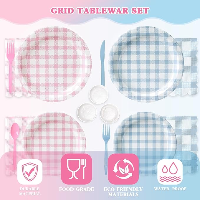Vyntra 350 PCS Pink & Blue Gingham Party Supplies, Disposable 7 & 9 In Plates and Napkins, Cups, Knives, Forks, Spoons for Gender Reveal, Baby Shower, Birthday (Pink and Blue, Serves 50)