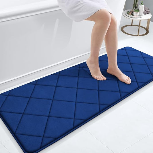 OLANLY Memory Foam Bath Mat 59x20, Ultra Soft and Absorbent Bathroom Rugs, Machine Washable, Comfortable Bath Carpet for Bathroom Floor, Tub and Shower, Navy