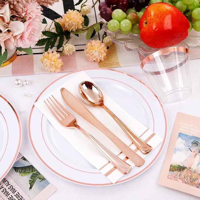 GATHER 350PCS Rose Gold Plastic Plates - Disposable Rose Gold Dinnerware Sets Includes 100 Gold Rimmed Plastic Plates, 150 Silverware, 50 Napkins, 50 Cups for Party, Wedding