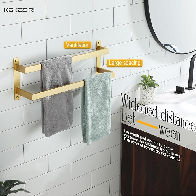 KOKOSIRI Bath Towel Bars 20-Inch Bathroom 2-Tiers Ladder Brushed Gold Towel Rails Towel Holders Wall Mounted Towels Shelves Rack Stainless Steel, B5008BG-L20