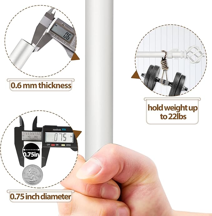 KAMANINA White Curtain Rods for Windows 48 to 84 Inch, Adjustable Single Curtain Rod 32 to 86 Inch(2.6-7.1ft), 3/4 Inch Splicing Drapery Rods with Twisted Cage Finial
