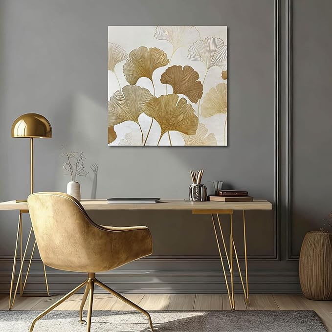 ZENPEE Beige Ginkgo Botanical Wall Art, Canvas Print, Neutral Floral Home Decor for Living Room Bedroom, Ready to Hang, Framed, 24 x 24 Inches