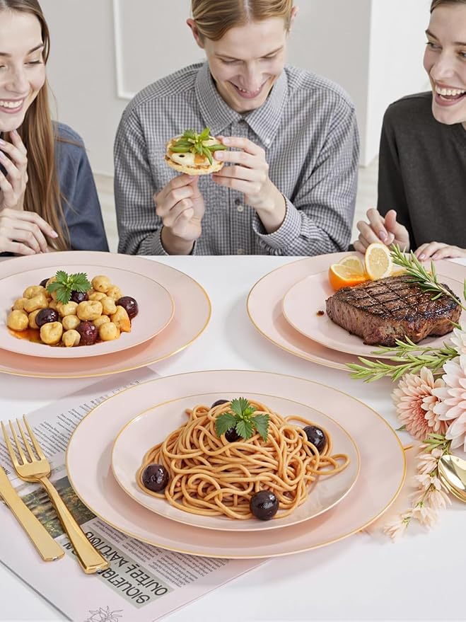 WDF 300Pcs Pink Plates Disposable - Pink and Gold Plastic Dinnerware Set for 50 Guests Include 50 Dinner & Cake Plates, 50 Disposable Cutlery, 50 9oz Cups for Wedding, Party, Valentine's Day