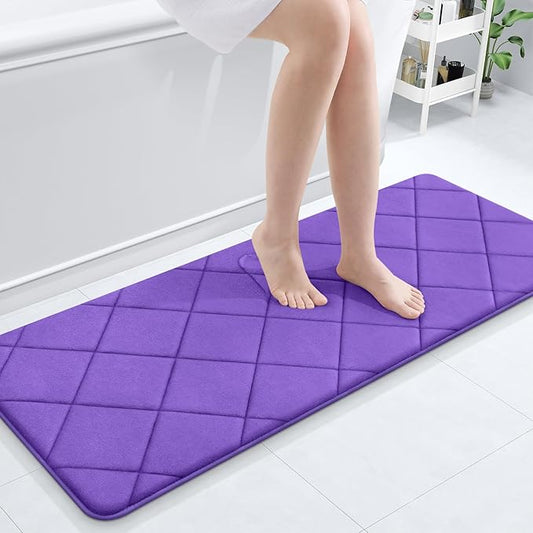 OLANLY Memory Foam Bath Mat 47x20, Ultra Soft and Absorbent Bathroom Rugs, Machine Washable, Comfortable Bath Carpet for Bathroom Floor, Tub and Shower, Purple