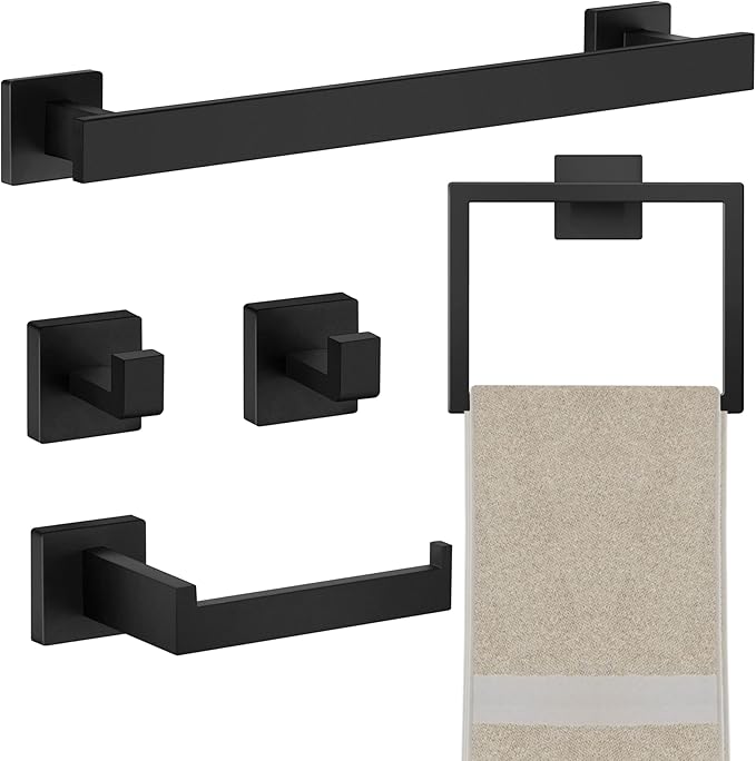 Homikit Matte Black Bathroom Hardware Set, 5-Piece SUS304 Stainless Steel Wall Mounted Bath Towel Bar Accessories Set, 16 Inch Towel Rack, Toilet Paper Holder, Towel Ring, Hooks