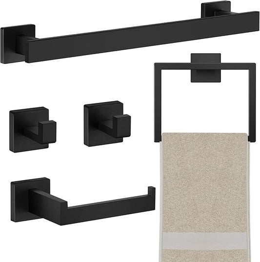 Homikit Matte Black Bathroom Hardware Set, 5-Piece SUS304 Stainless Steel Wall Mounted Bath Towel Bar Accessories Set, 16 Inch Towel Rack, Toilet Paper Holder, Towel Ring, Hooks