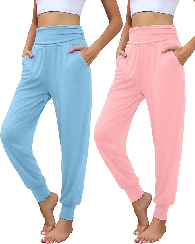 2 Pack Women's Yoga Joggers, Cozy Sweatpants with Pockets Casual Loose Comfy High Waisted Lounge Pants