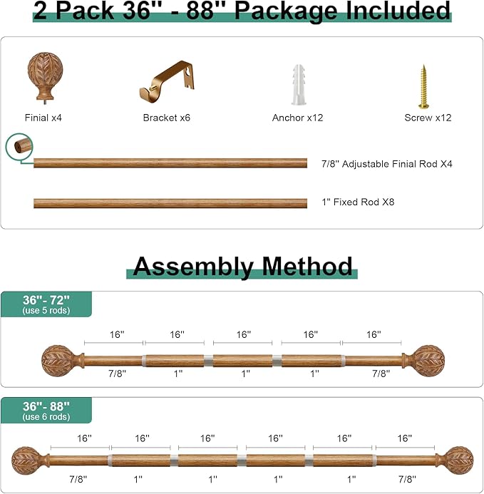 2 Pack Boho Wood Curtain Rods for Windows 48 to 84 inch,1" Adjustable Heavy Duty Window Curtain Rod with Imitation Wood Grain Finials,Rustic Decorative Drapery Rods Set 36-88'',Natural Wood